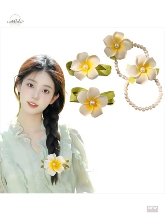 4-Piece Tropical Plumeria Flower Hair Clips & Pearl Scrunchies Set main image 4